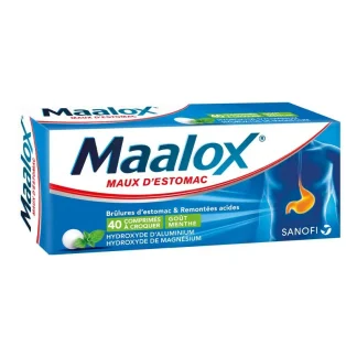 Maalox Maux d'Estomac Menthe sans sucre 40 comprimés