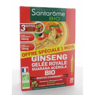 Santarome Bio Ginseng Gelée Royale Guarana Acérola 30 ampoules